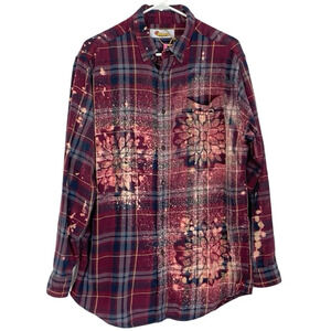 Handmade Boho Flannel Shirt Floral Stencil Bleached Plaid Womens Large XL Red